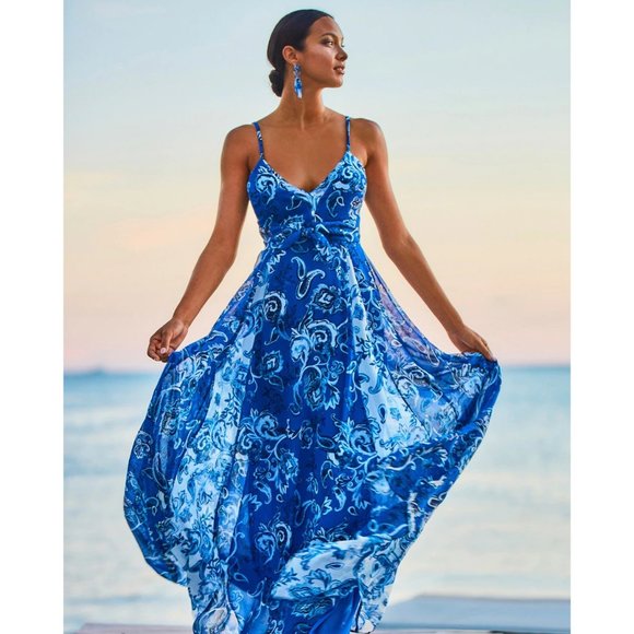 WHBM $200 Mixed Print Chiffon Maxi Dress Paisley Bali Blue 4 - Picture 2 of 10